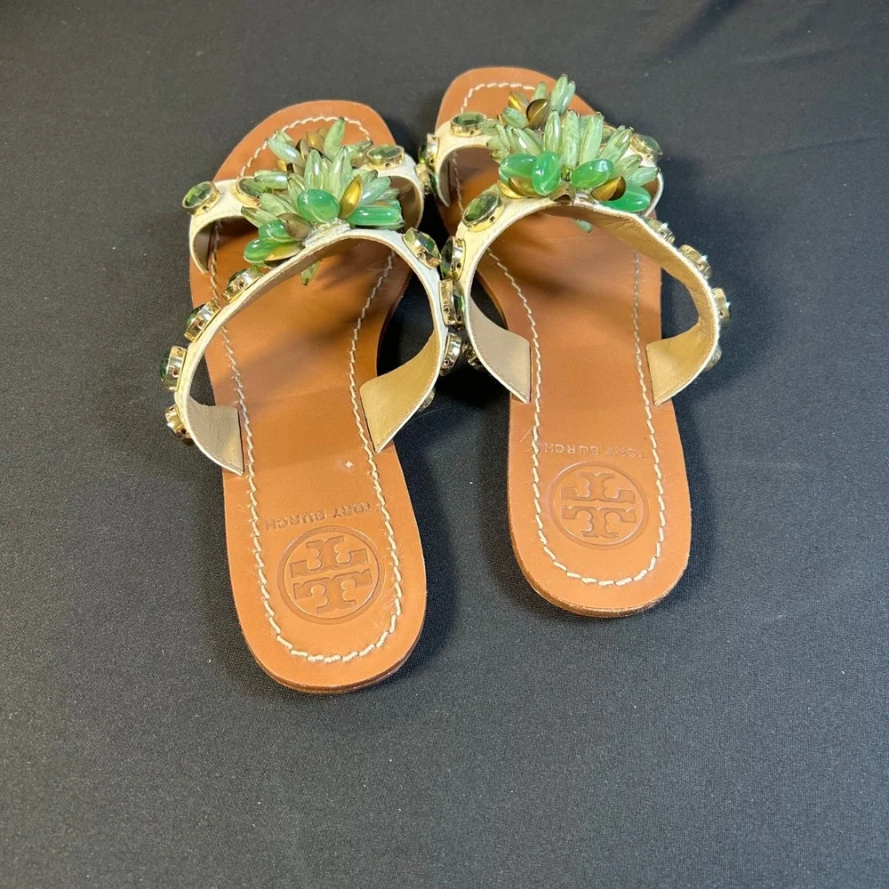 Tory Burch white patent leather green floral gemstone embellished slide sandals